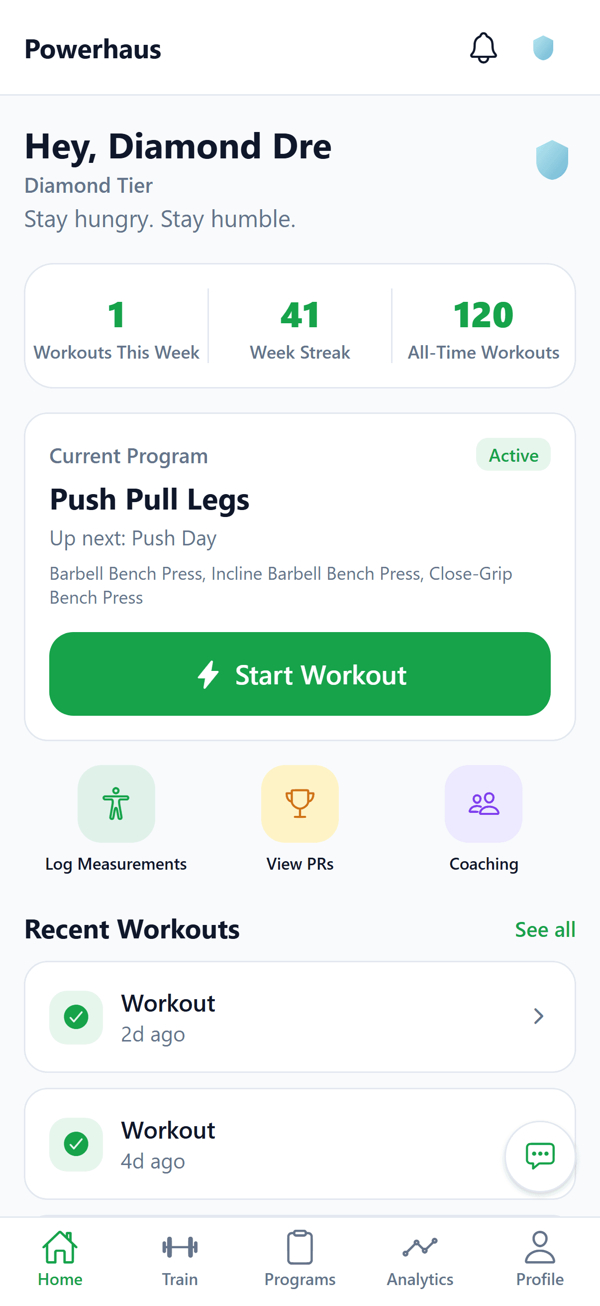 Your dashboard — streak, volume, and what's next